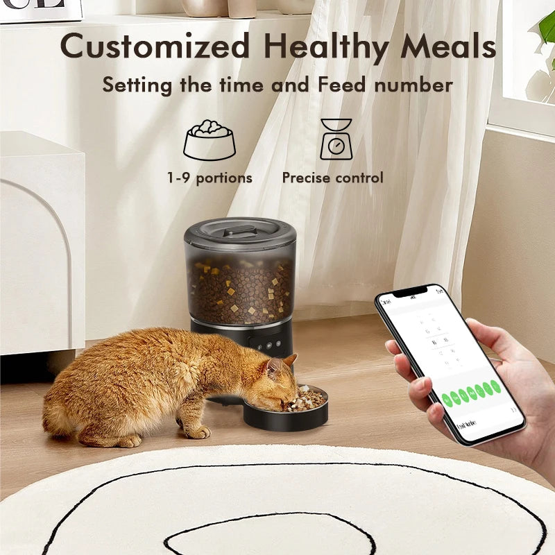 4L Automatic smart pet feeder, for cats, dogs; multiple pets. With stainless steel bowl. Customize healthy food 1-9 portions.