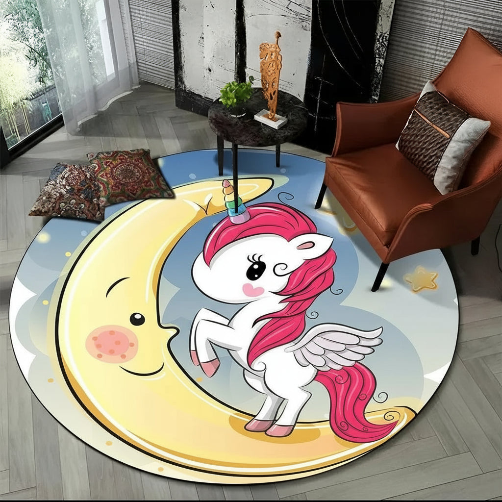 Children Unicorn, Animal 3D Cartoon Round Area Rug. Non-slip Floor Mat.