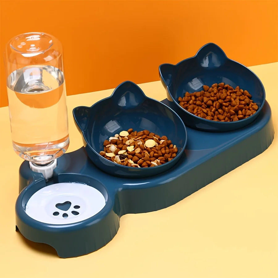 Pet Bowls With Water Feeder, 3 In 1 Ear Design Tilted Cat Water And Food Bowl Set. With Gravity Water Bottle For Neck Protection.