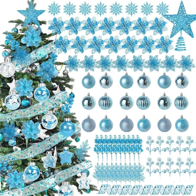 Blue Artificial Flowers Christmas Tree Decoration: Glitter Star Light, Berries, Snowflakes and Bow.