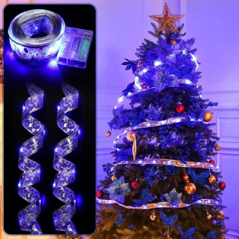 Blue Artificial Flowers Christmas Tree Decoration: Glitter Star Light, Berries, Snowflakes and Bow.