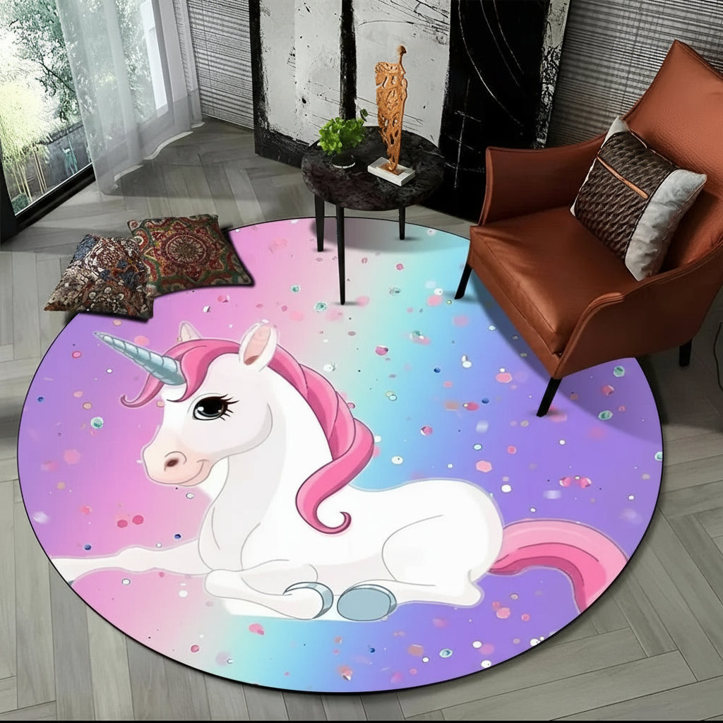 Children Unicorn, Animal 3D Cartoon Round Area Rug. Non-slip Floor Mat.