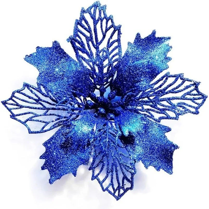 Blue Artificial Flowers Christmas Tree Decoration: Glitter Star Light, Berries, Snowflakes and Bow.