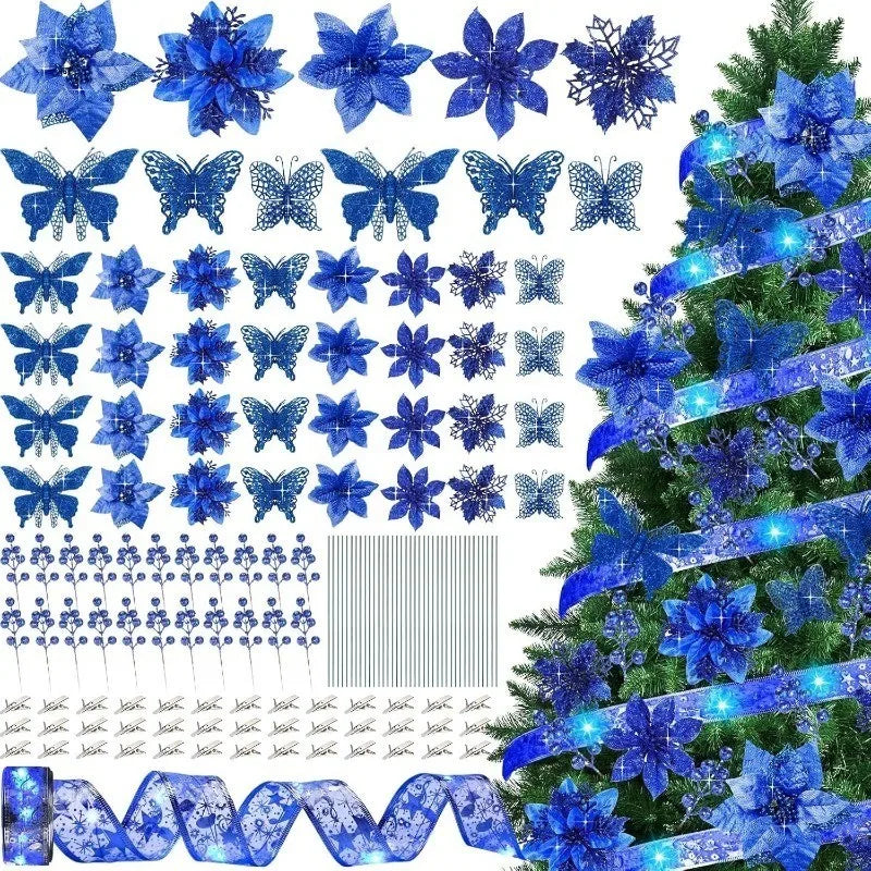 Blue Artificial Flowers Christmas Tree Decoration: Glitter Star Light, Berries, Snowflakes and Bow.