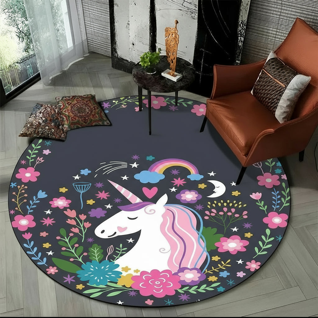 Children Unicorn, Animal 3D Cartoon Round Area Rug. Non-slip Floor Mat.