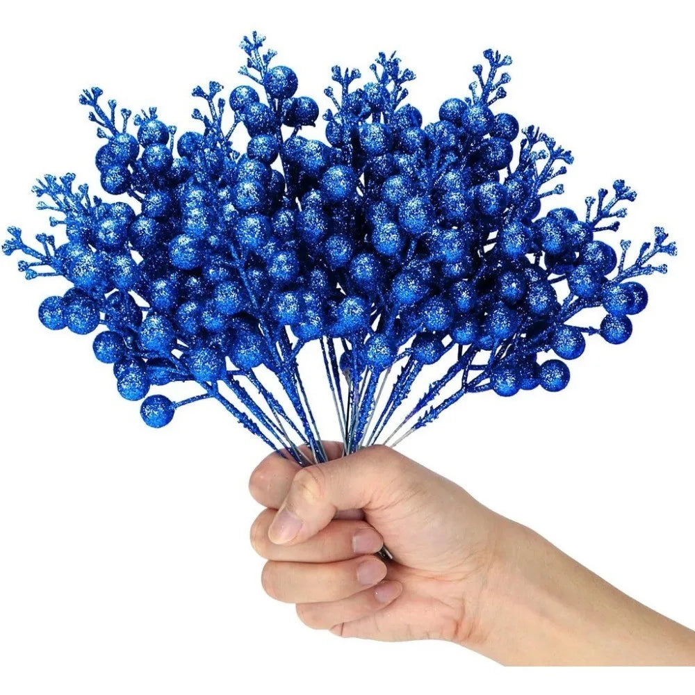 Blue Artificial Flowers Christmas Tree Decoration: Glitter Star Light, Berries, Snowflakes and Bow.