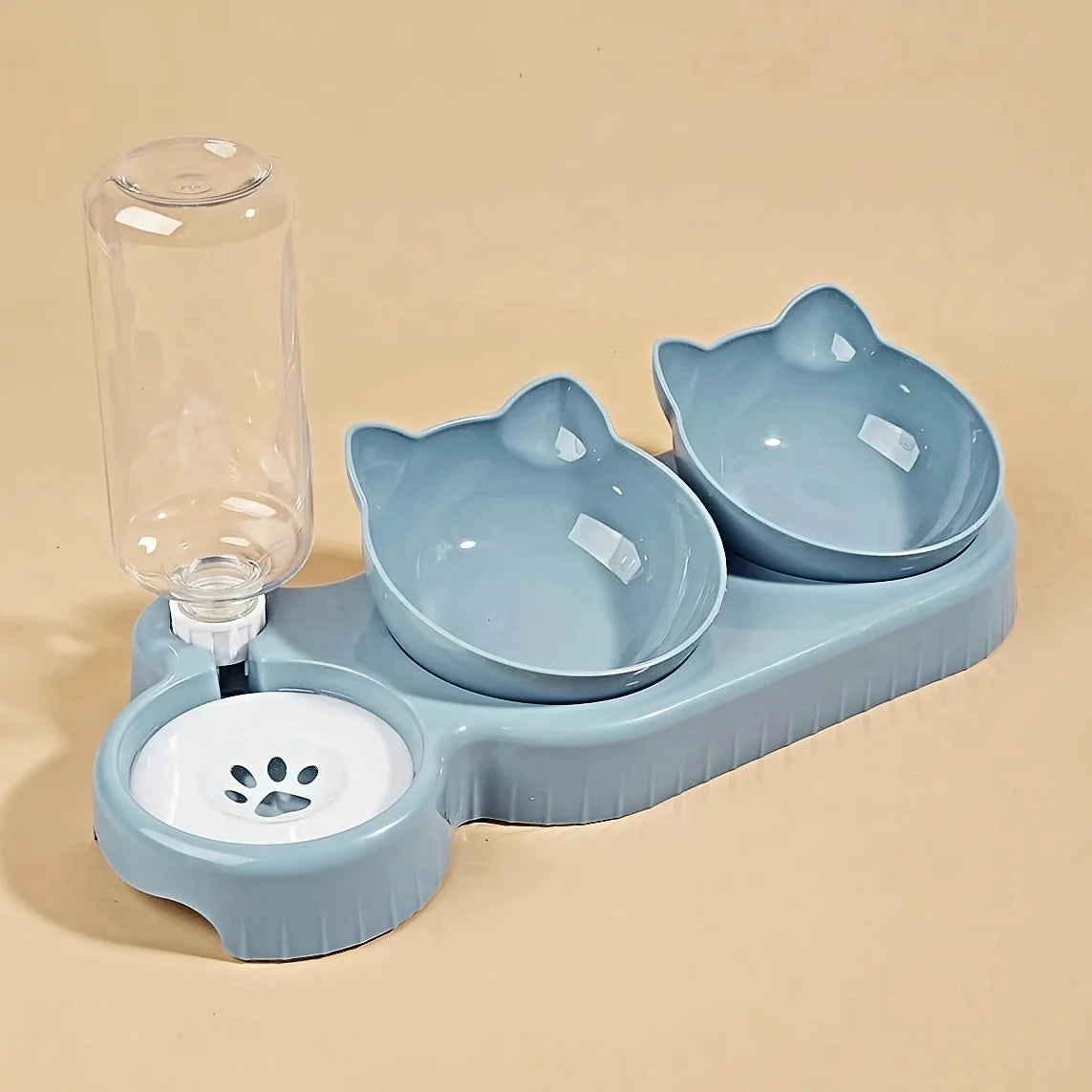 Pet Bowls With Water Feeder, 3 In 1 Ear Design Tilted Cat Water And Food Bowl Set. With Gravity Water Bottle For Neck Protection.