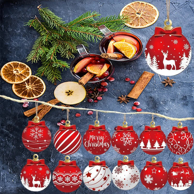 12PCS Red White, 2d,Flat,  Wooden Christmas Ball Ornaments.