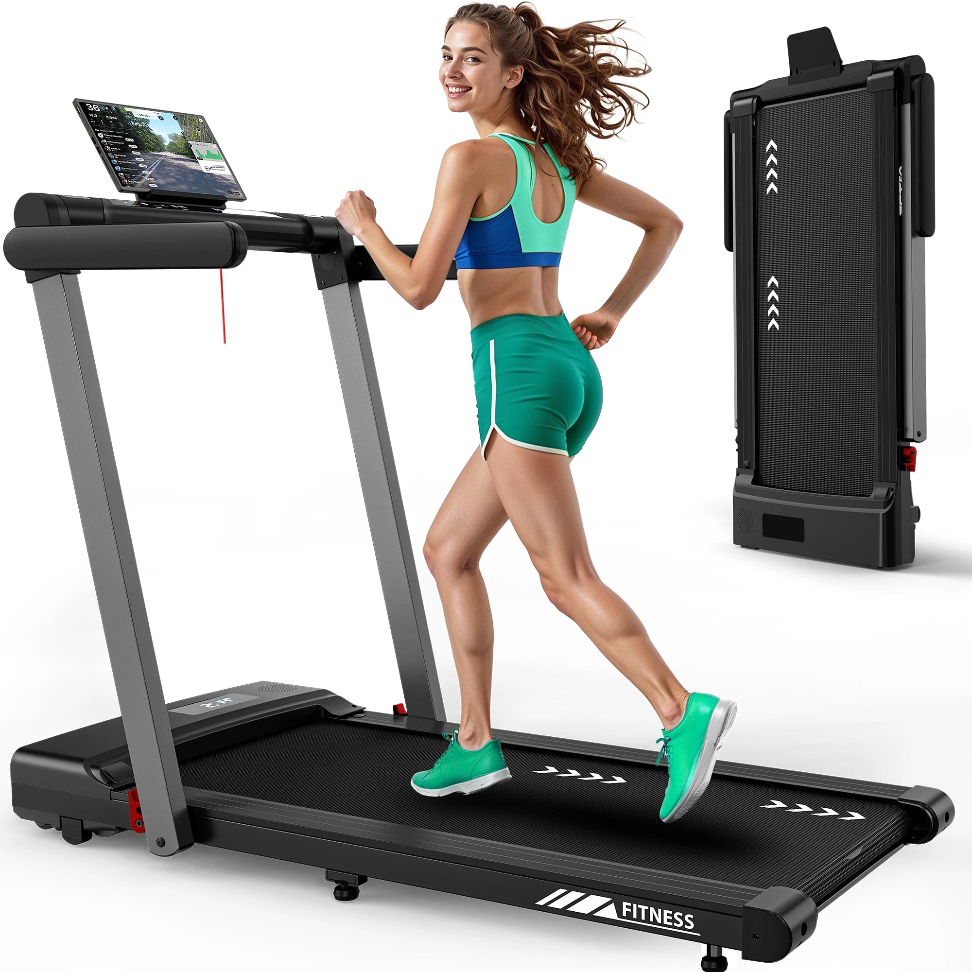 Foldable Treadmill 1-12 km/h, 3-in-1 Walking Pad with Dual LED Display, 12 Programmes and Remote Control.
