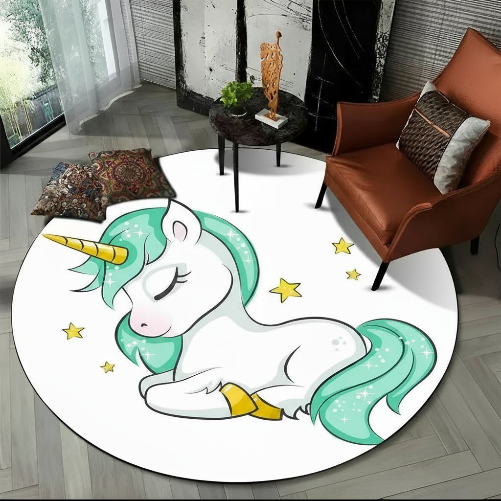 Children Unicorn, Animal 3D Cartoon Round Area Rug. Non-slip Floor Mat.