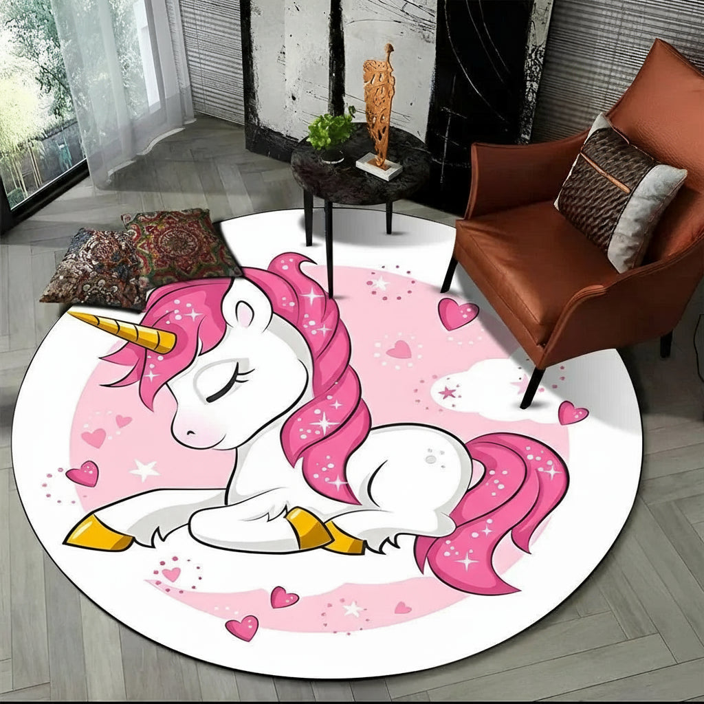 Children Unicorn, Animal 3D Cartoon Round Area Rug. Non-slip Floor Mat.