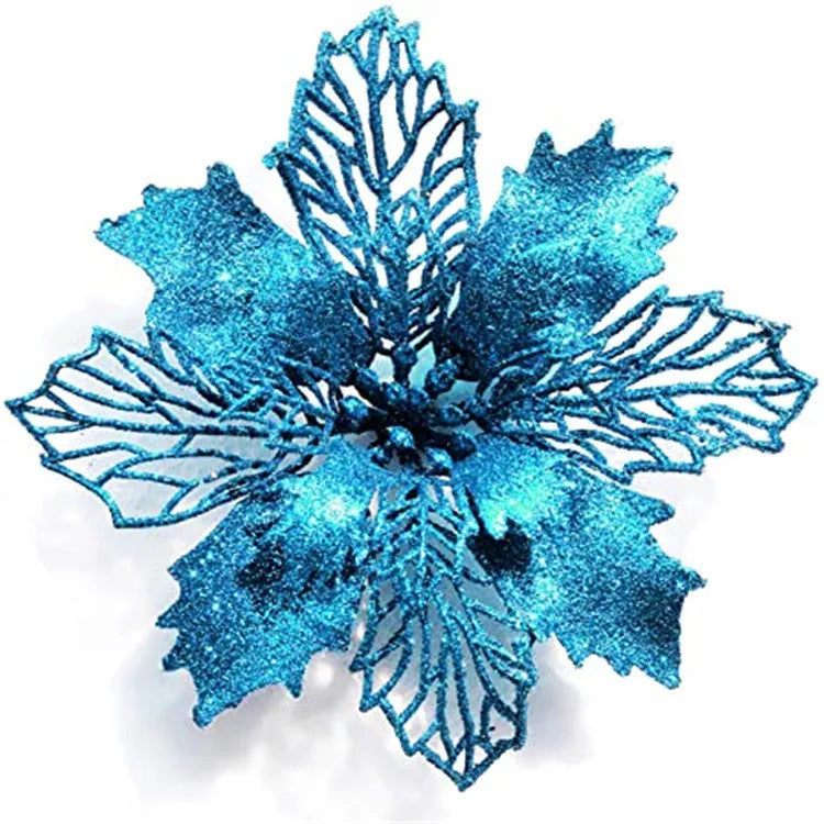 Blue Artificial Flowers Christmas Tree Decoration: Glitter Star Light, Berries, Snowflakes and Bow.
