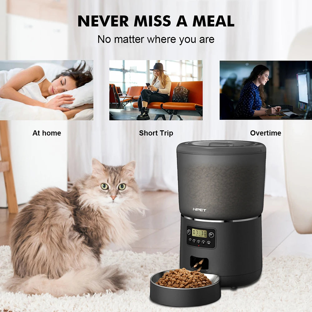 4L Automatic smart pet feeder, for cats, dogs; multiple pets. With stainless steel bowl. Customize healthy food 1-9 portions.