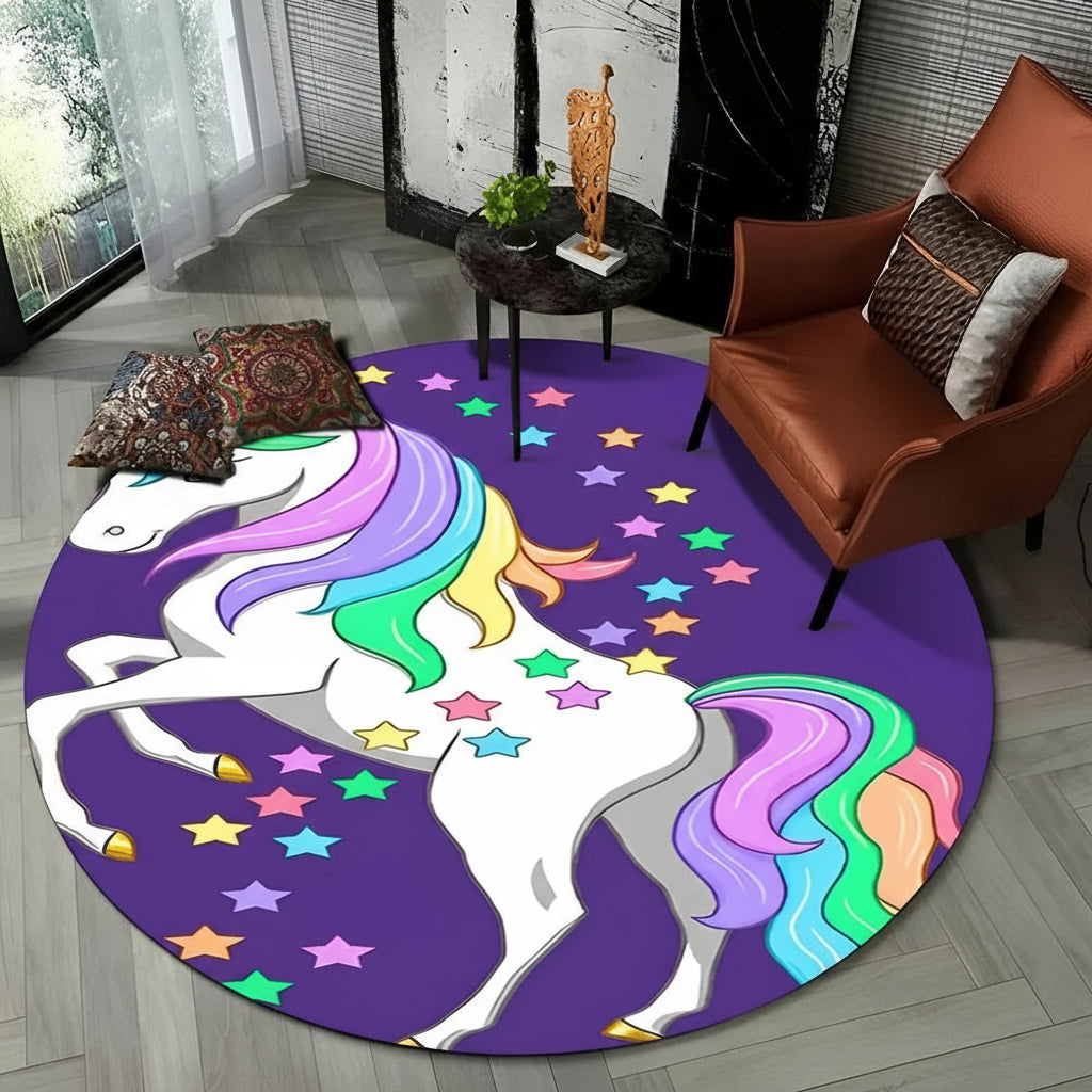 Children Unicorn, Animal 3D Cartoon Round Area Rug. Non-slip Floor Mat.