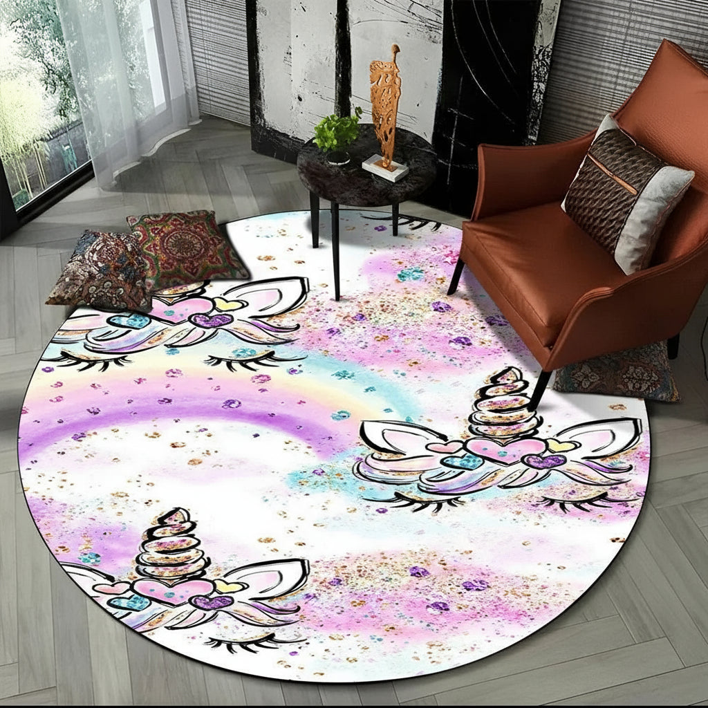Children Unicorn, Animal 3D Cartoon Round Area Rug. Non-slip Floor Mat.
