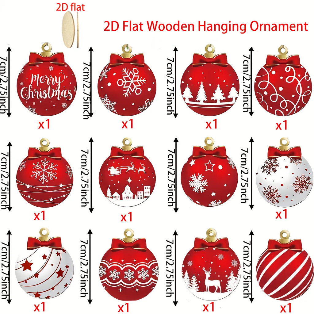 12PCS Red White, 2d,Flat,  Wooden Christmas Ball Ornaments.