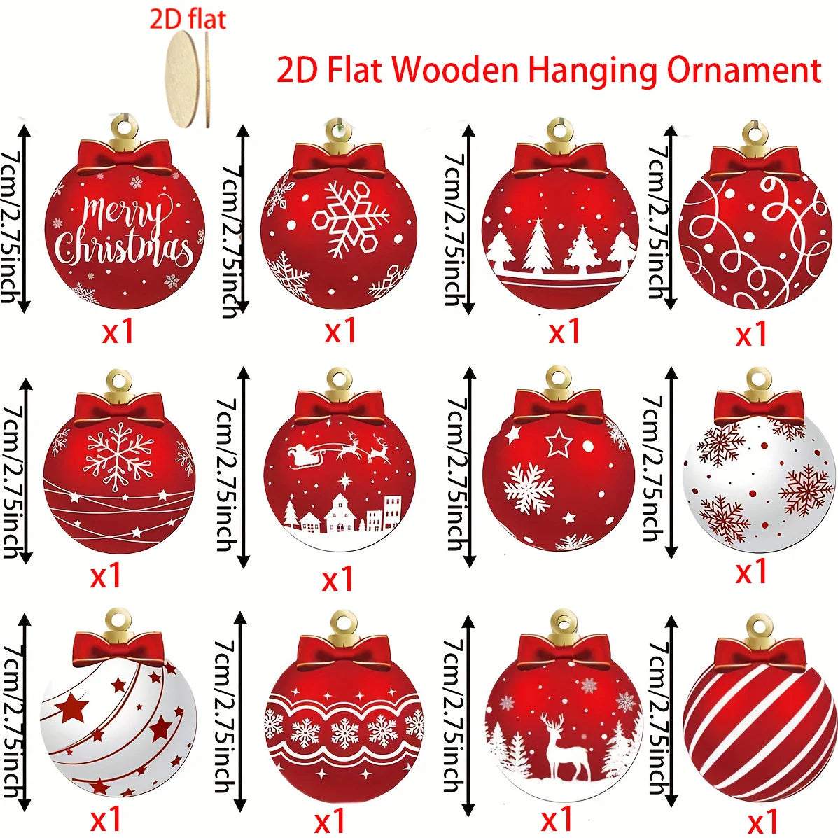 12PCS Red White, 2d,Flat,  Wooden Christmas Ball Ornaments.