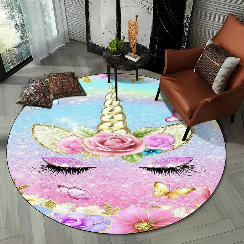 Children Unicorn, Animal 3D Cartoon Round Area Rug. Non-slip Floor Mat.