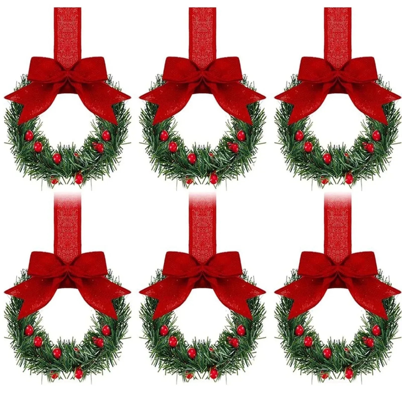 6PCS Christmas Home Wreaths With Plaid Bow Ribbon. Hanging Cabinet Doors Wreath.