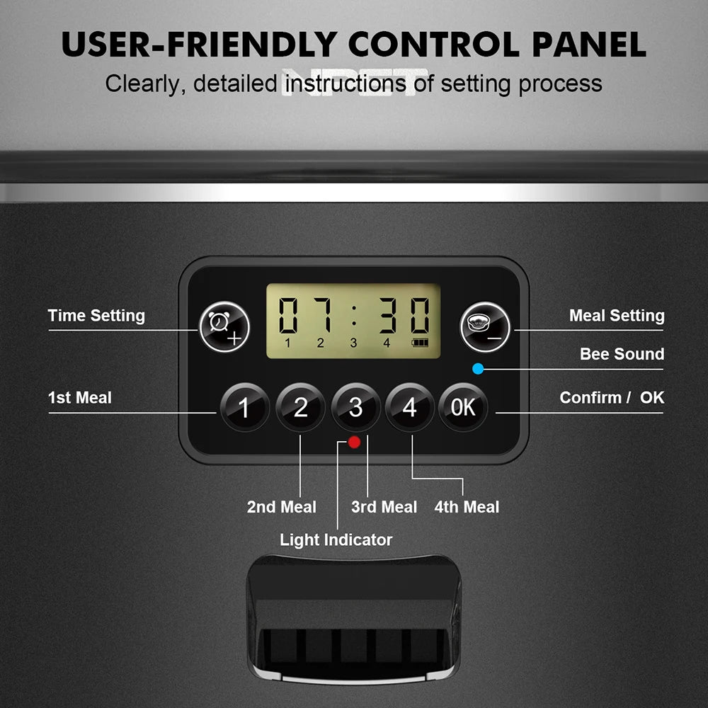 4L Automatic smart pet feeder, for cats, dogs; multiple pets. With stainless steel bowl. Customize healthy food 1-9 portions.