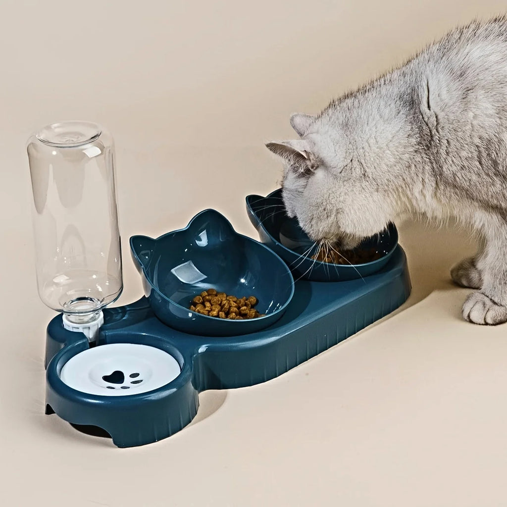 Pet Bowls With Water Feeder, 3 In 1 Ear Design Tilted Cat Water And Food Bowl Set. With Gravity Water Bottle For Neck Protection.