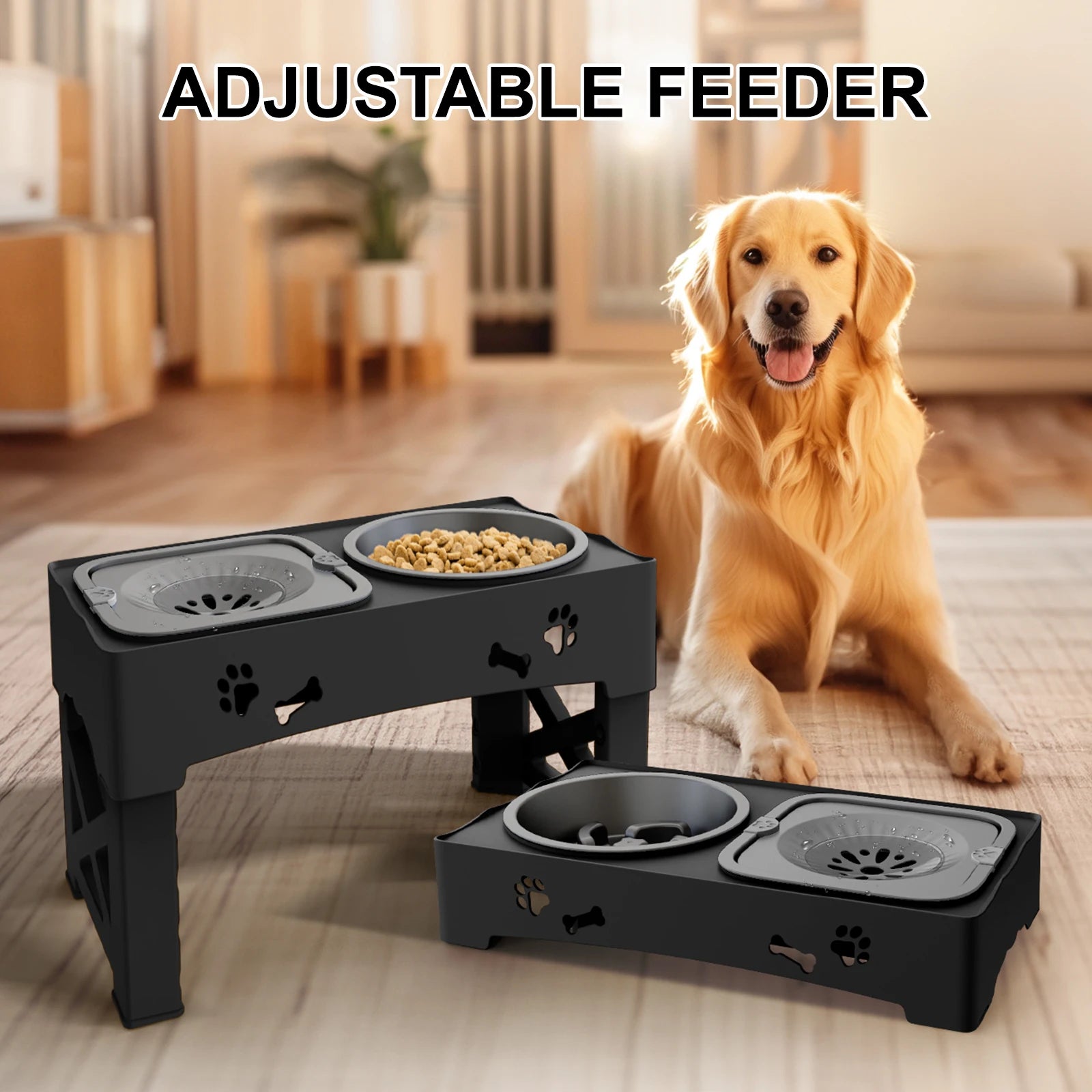 3 In 1 slow-feed Bowls. Double Bowls, Foldable With 5 Adjustable Height. Suitable For Pets Of Different Heights