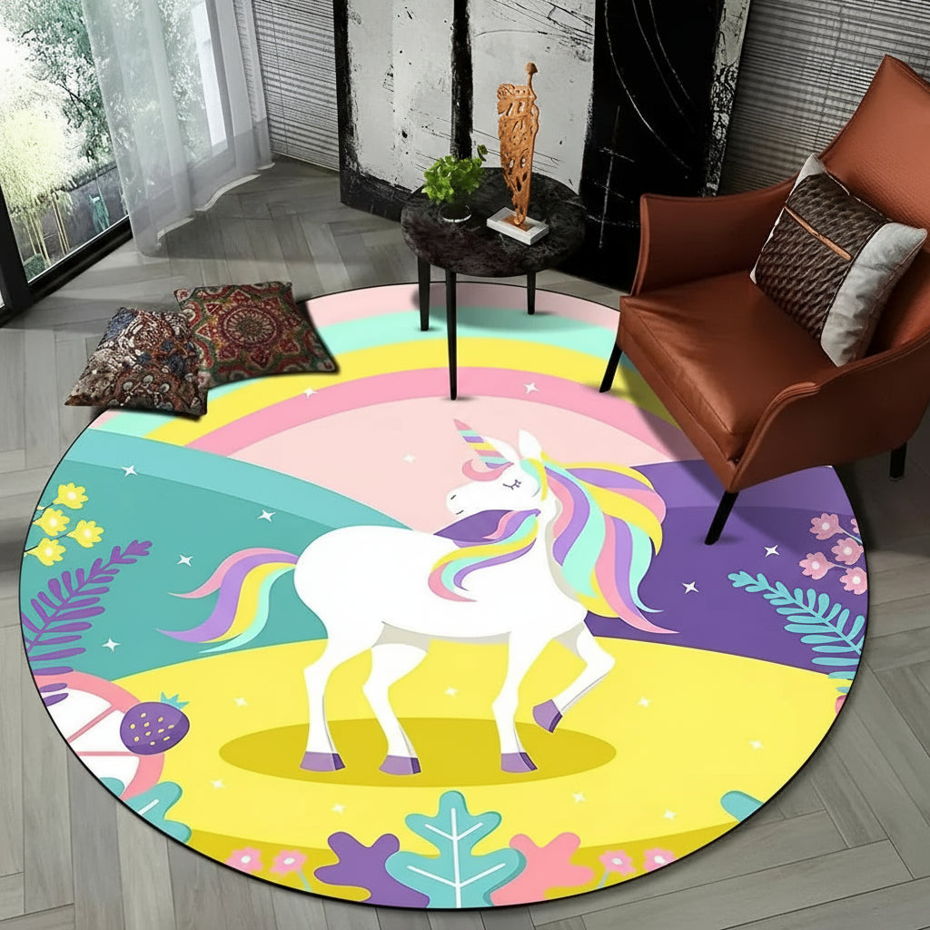 Children Unicorn, Animal 3D Cartoon Round Area Rug. Non-slip Floor Mat.