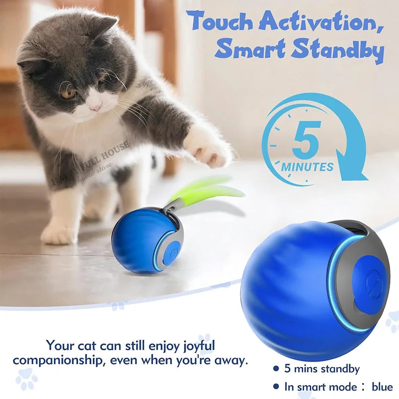 Interactive Cat Toy Balls, Automatic Toys for Cat with Replacement Tail, 2 Adjustable Modes, USB-Rechargeable Indoor Kitten Toy.