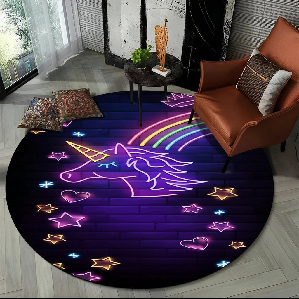 Children Unicorn, Animal 3D Cartoon Round Area Rug. Non-slip Floor Mat.