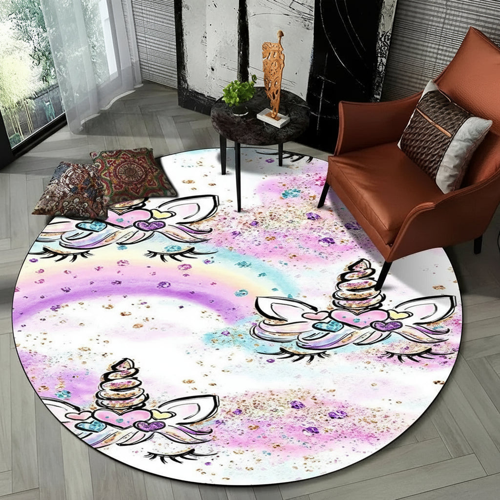 Children Unicorn, Animal 3D Cartoon Round Area Rug. Non-slip Floor Mat.