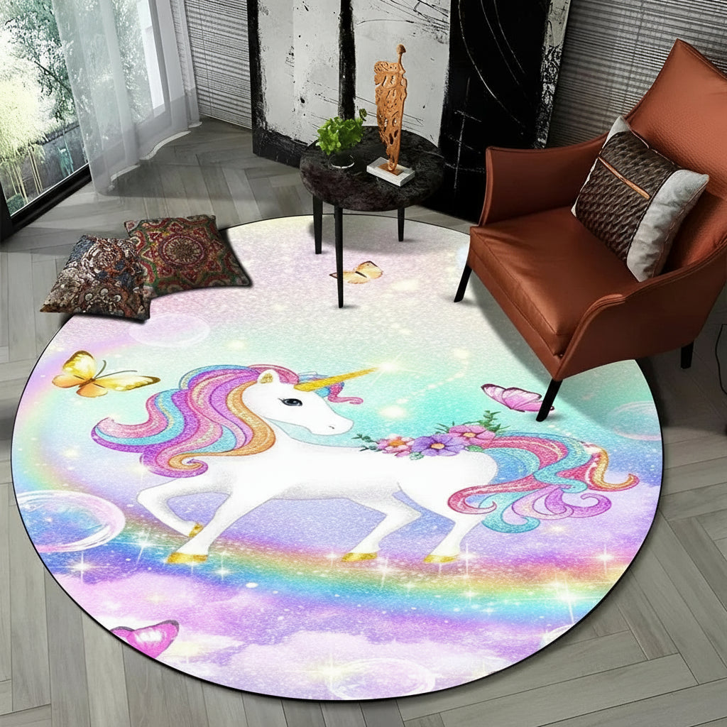 Children Unicorn, Animal 3D Cartoon Round Area Rug. Non-slip Floor Mat.