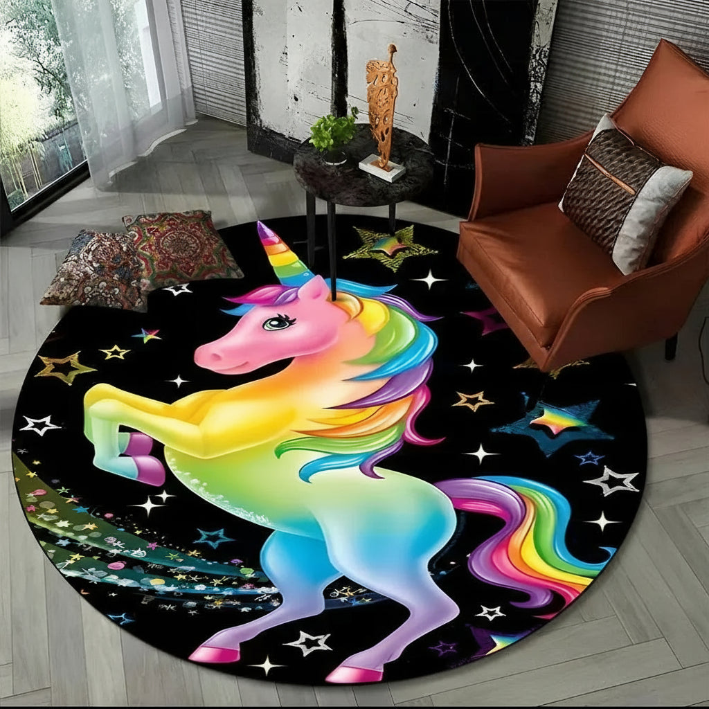 Children Unicorn, Animal 3D Cartoon Round Area Rug. Non-slip Floor Mat.