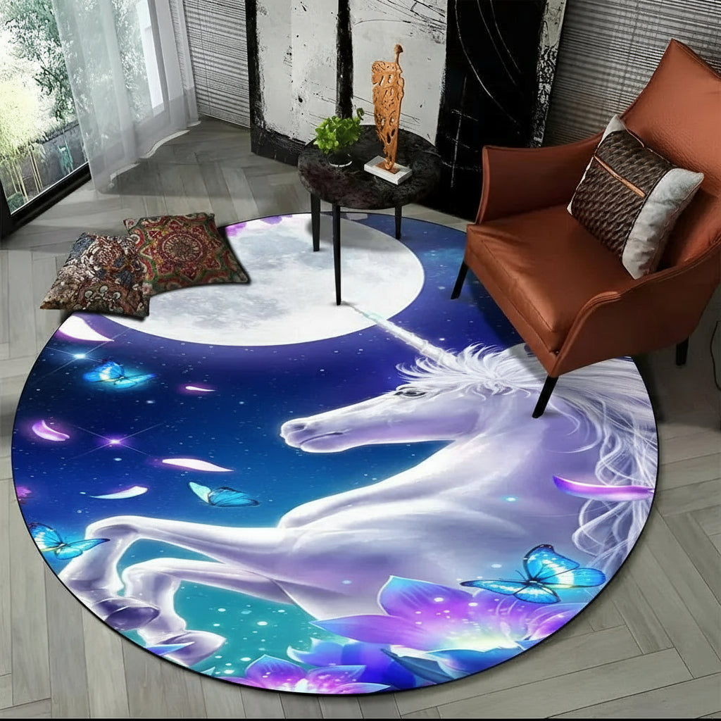 Children Unicorn, Animal 3D Cartoon Round Area Rug. Non-slip Floor Mat.
