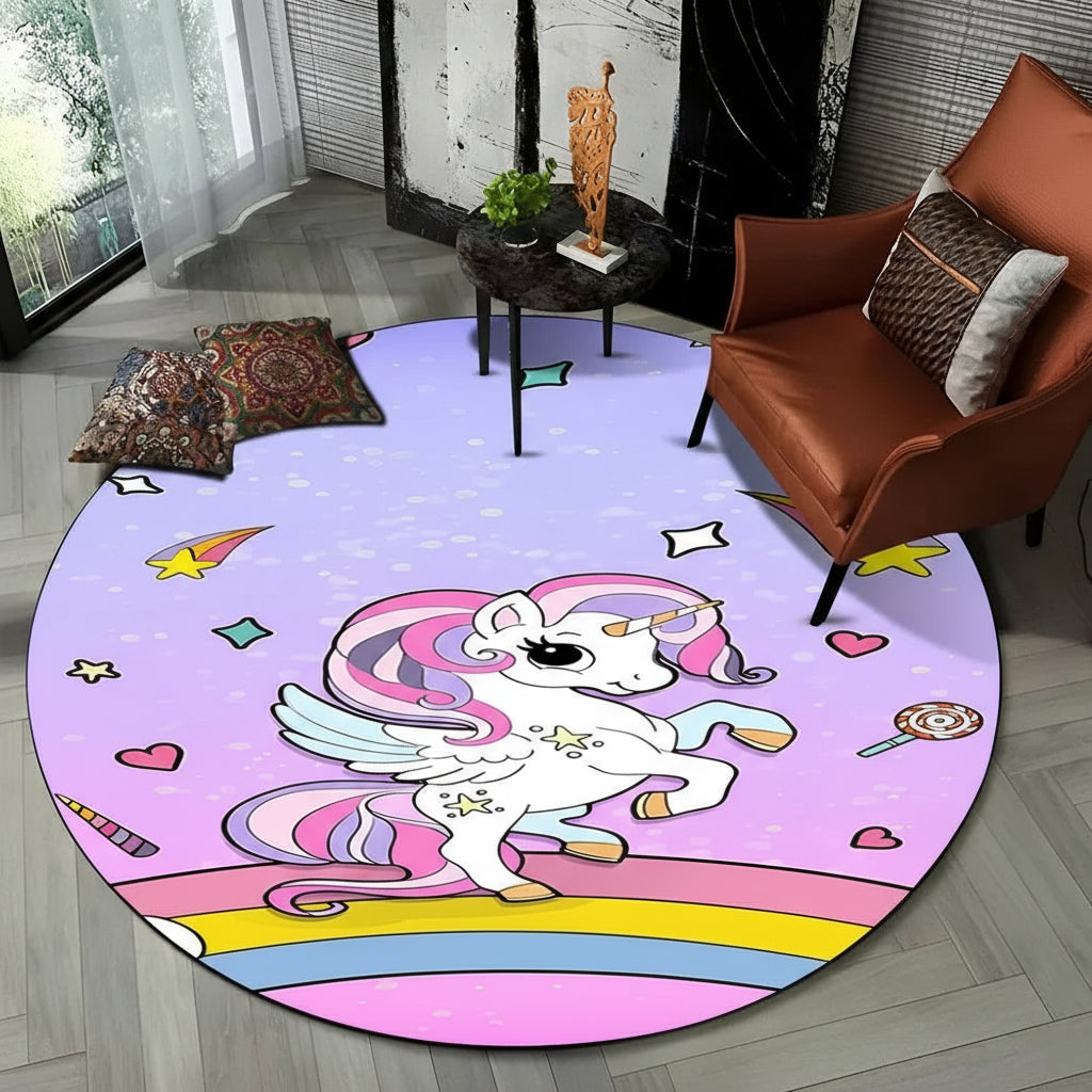 Children Unicorn, Animal 3D Cartoon Round Area Rug. Non-slip Floor Mat.