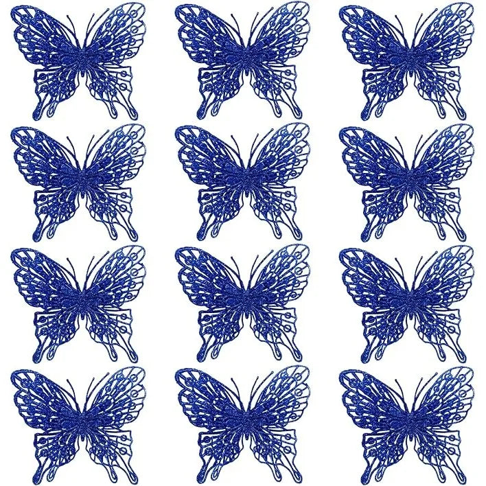 Blue Artificial Flowers Christmas Tree Decoration: Glitter Star Light, Berries, Snowflakes and Bow.