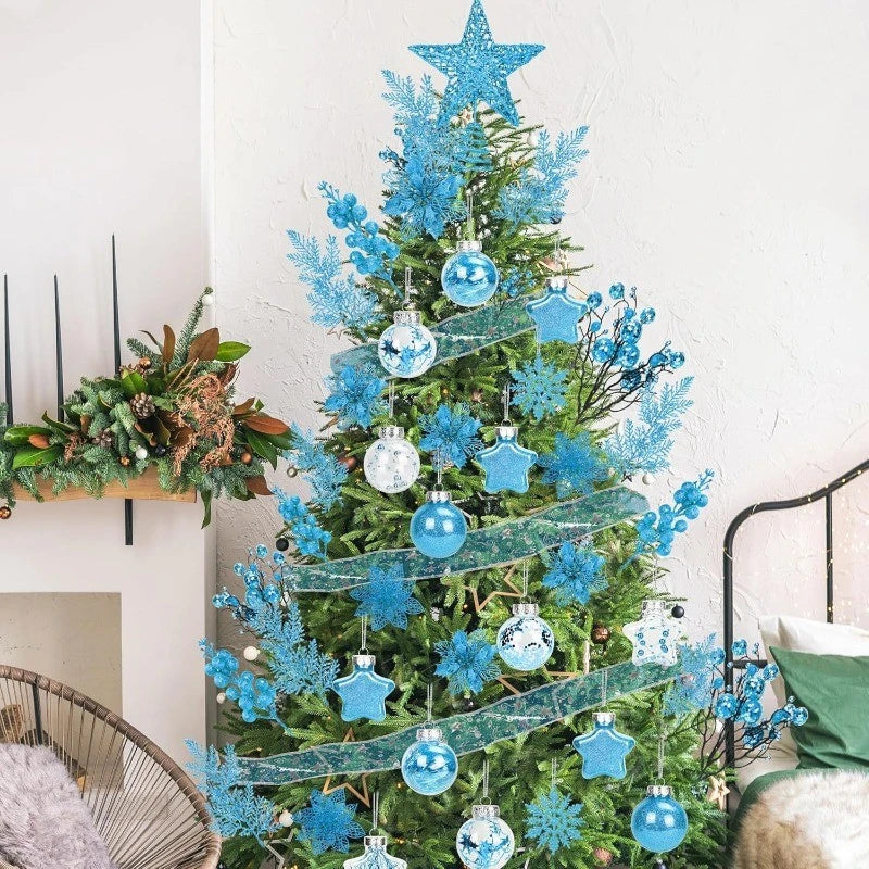Blue Artificial Flowers Christmas Tree Decoration: Glitter Star Light, Berries, Snowflakes and Bow.