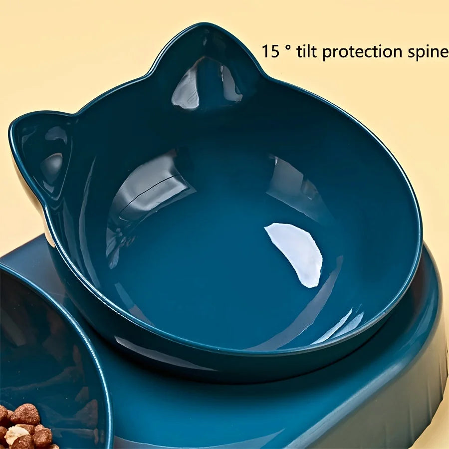 Pet Bowls With Water Feeder, 3 In 1 Ear Design Tilted Cat Water And Food Bowl Set. With Gravity Water Bottle For Neck Protection.