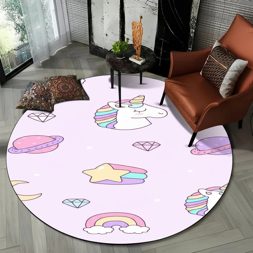 Children Unicorn, Animal 3D Cartoon Round Area Rug. Non-slip Floor Mat.