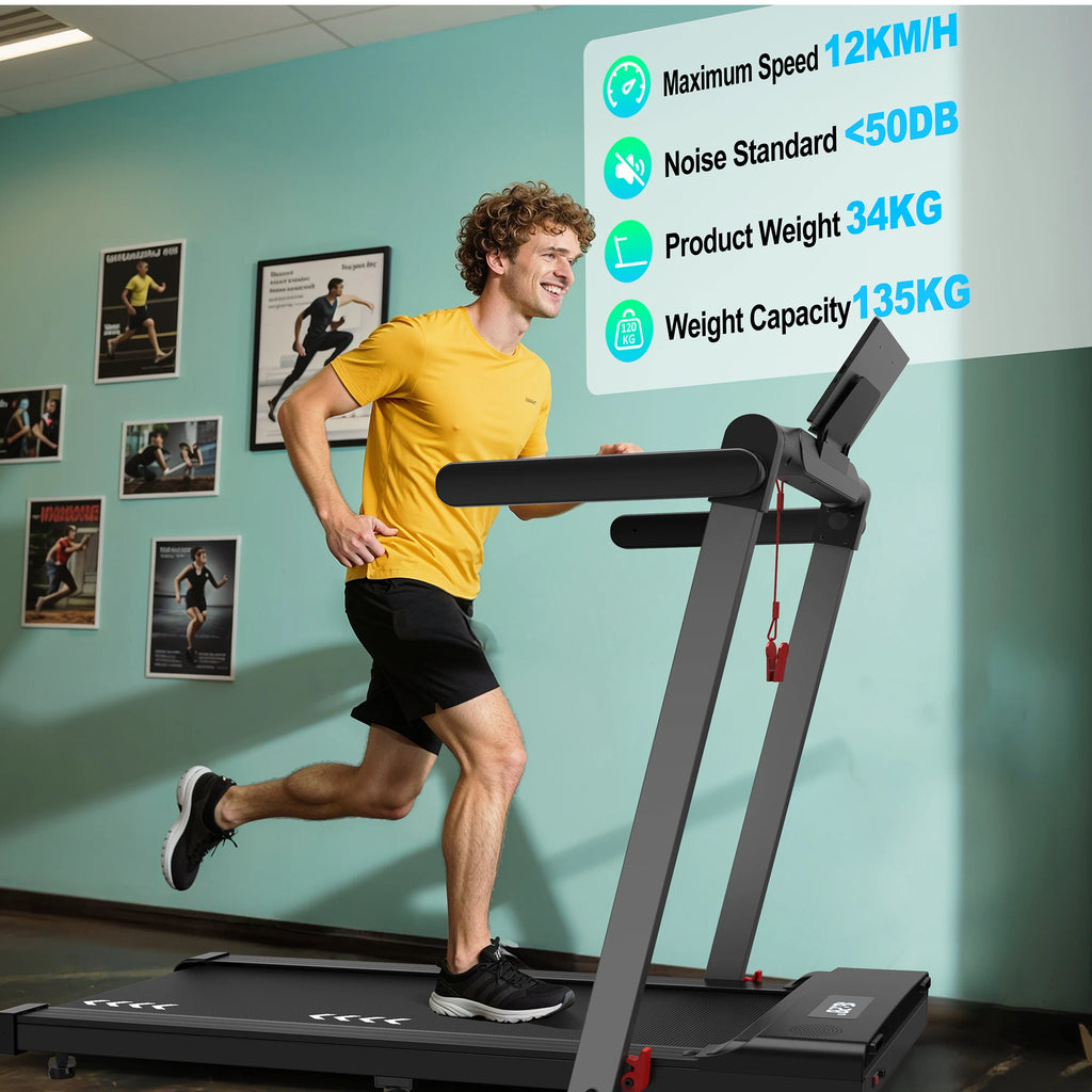 Foldable Treadmill 1-12 km/h, 3-in-1 Walking Pad with Dual LED Display, 12 Programmes and Remote Control.