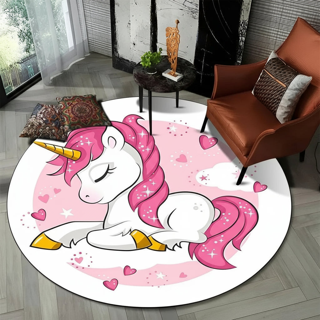 Children Unicorn, Animal 3D Cartoon Round Area Rug. Non-slip Floor Mat.