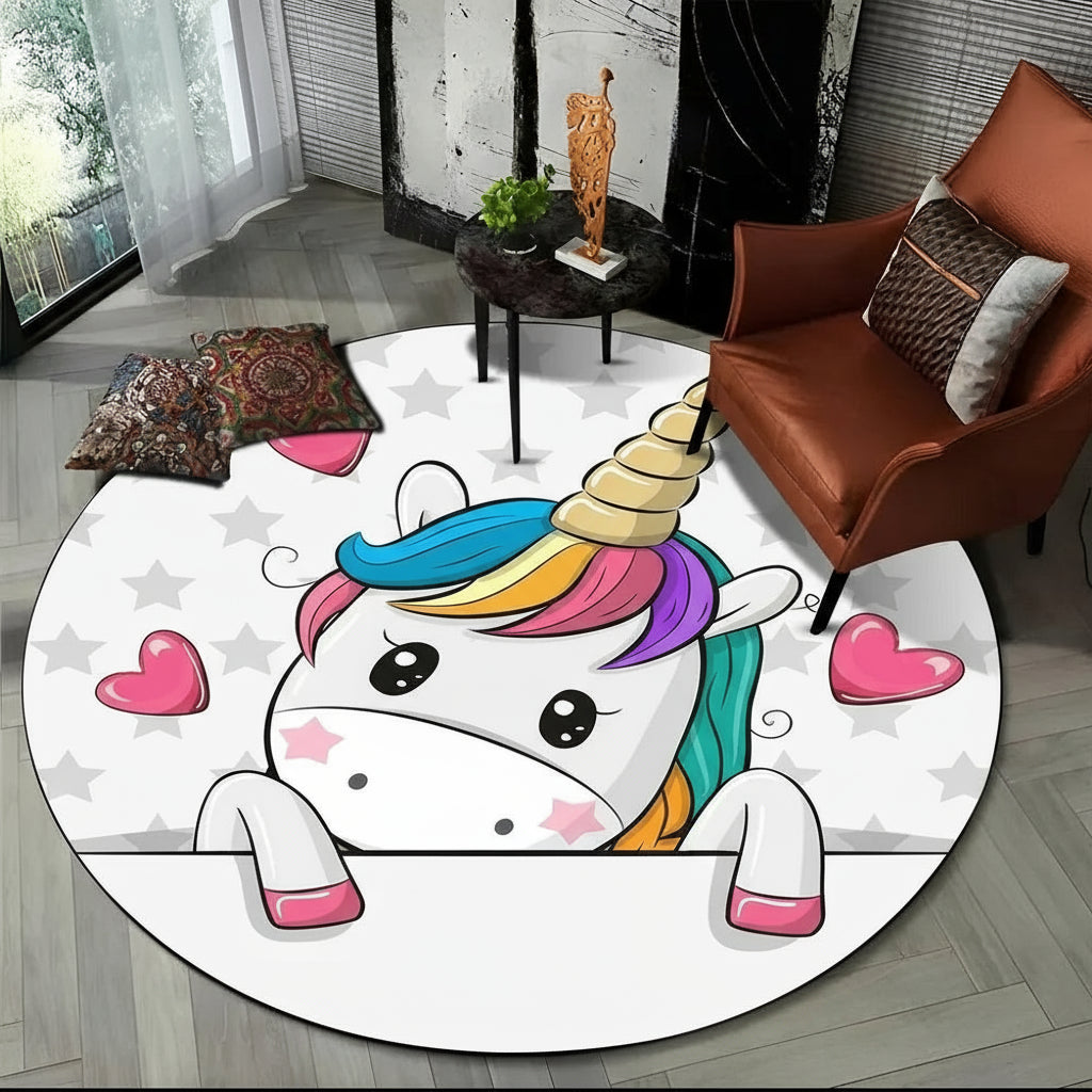 Children Unicorn, Animal 3D Cartoon Round Area Rug. Non-slip Floor Mat.