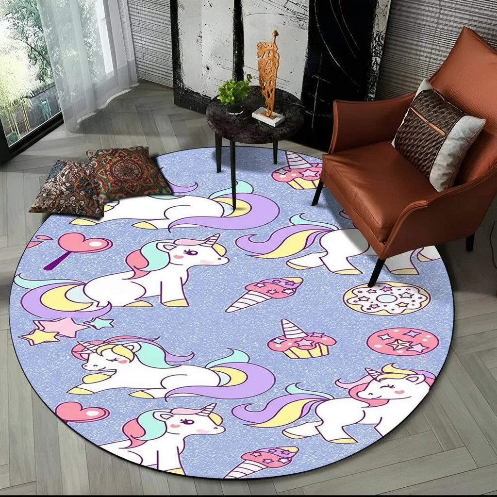 Children Unicorn, Animal 3D Cartoon Round Area Rug. Non-slip Floor Mat.