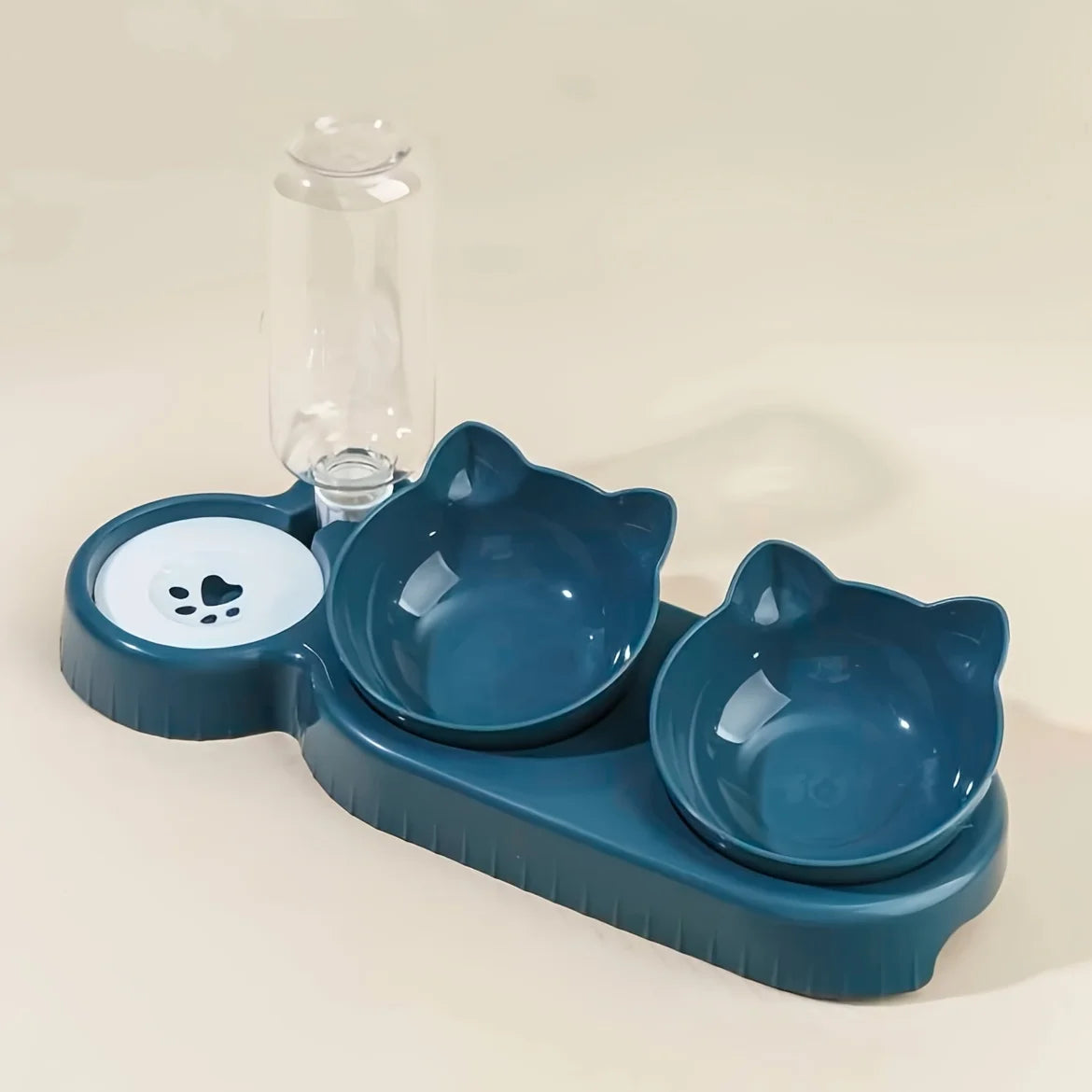 Pet Bowls With Water Feeder, 3 In 1 Ear Design Tilted Cat Water And Food Bowl Set. With Gravity Water Bottle For Neck Protection.
