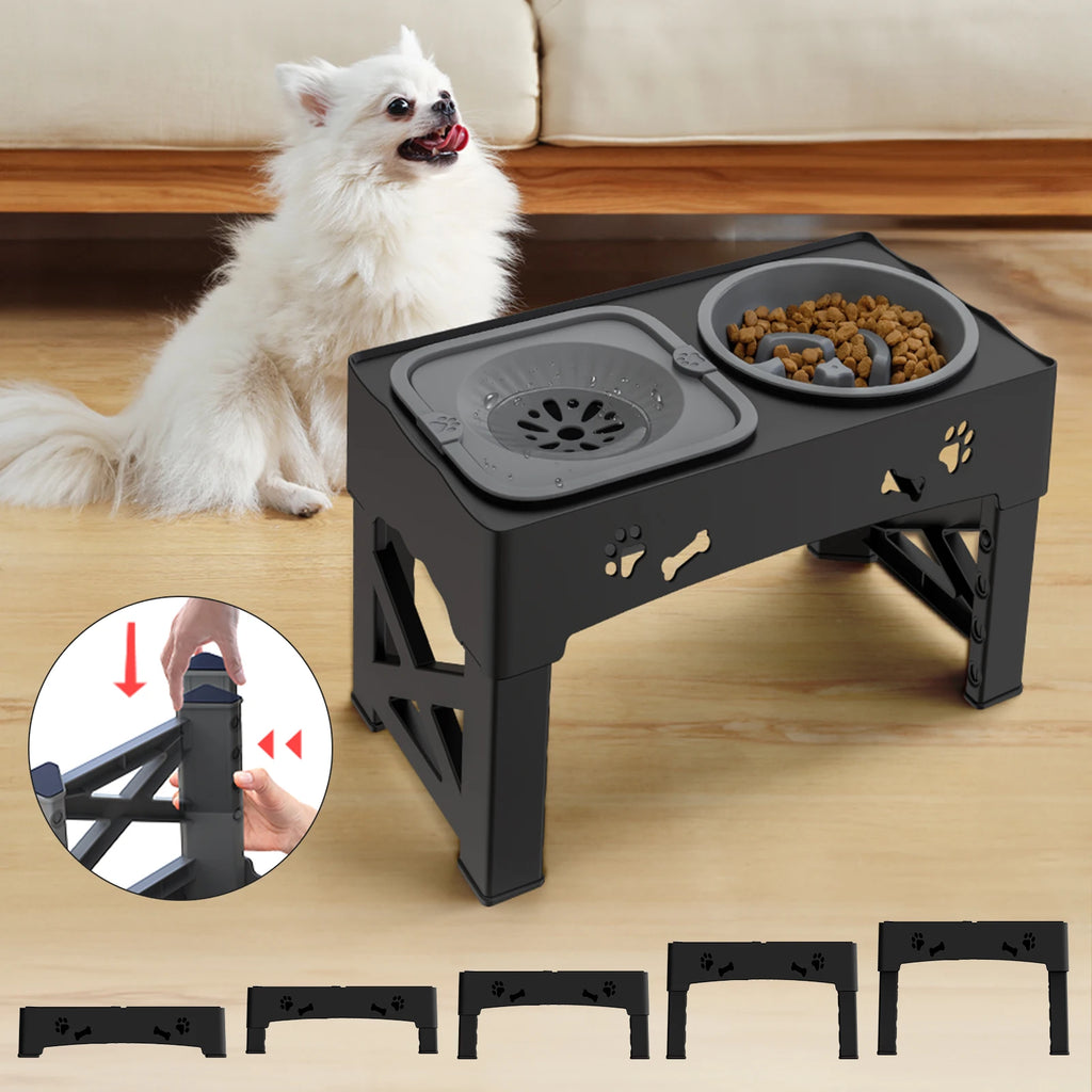 3 In 1 slow-feed Bowls. Double Bowls, Foldable With 5 Adjustable Height. Suitable For Pets Of Different Heights