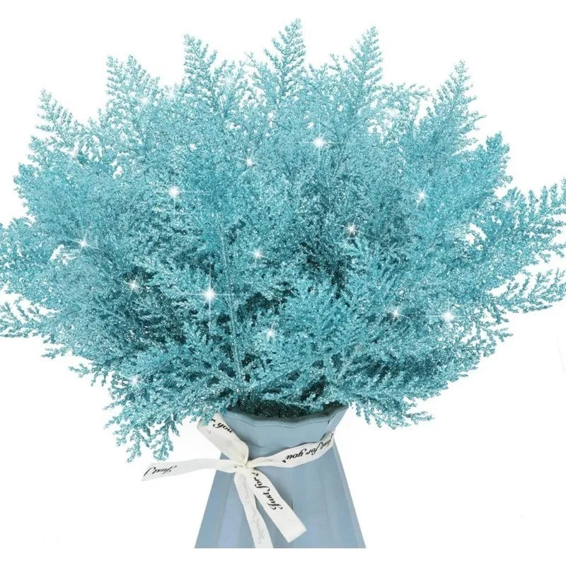 Blue Artificial Flowers Christmas Tree Decoration: Glitter Star Light, Berries, Snowflakes and Bow.