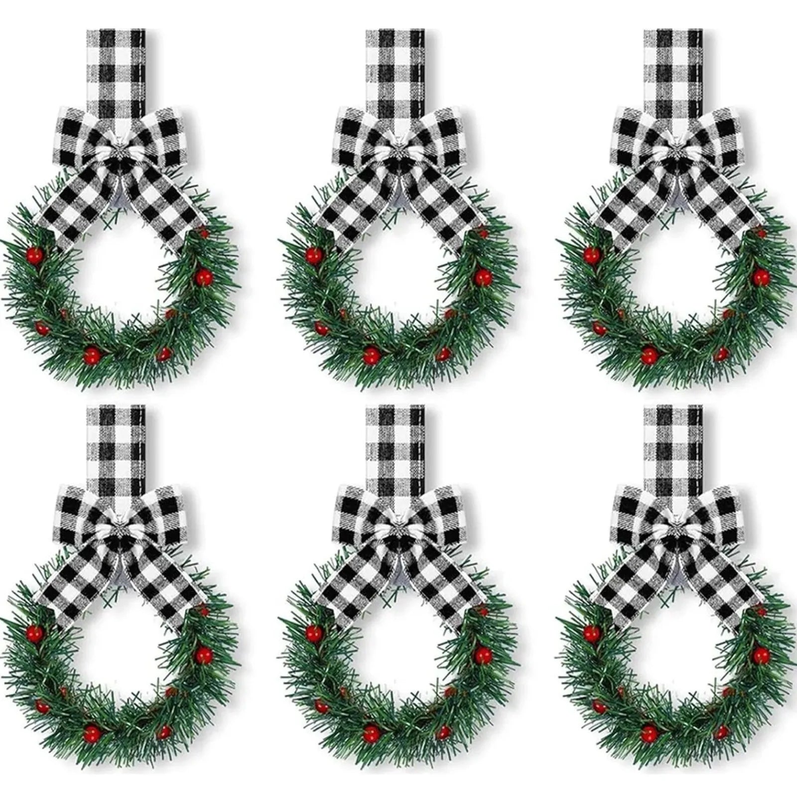 6PCS Christmas Home Wreaths With Plaid Bow Ribbon. Hanging Cabinet Doors Wreath.