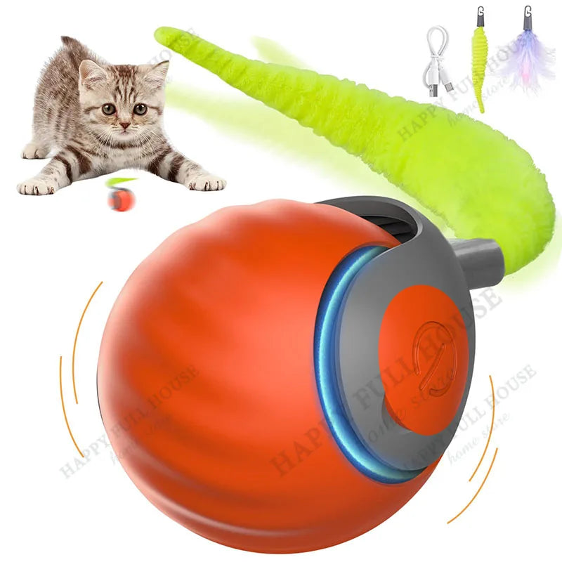 Interactive Cat Toy Balls, Automatic Toys for Cat with Replacement Tail, 2 Adjustable Modes, USB-Rechargeable Indoor Kitten Toy.