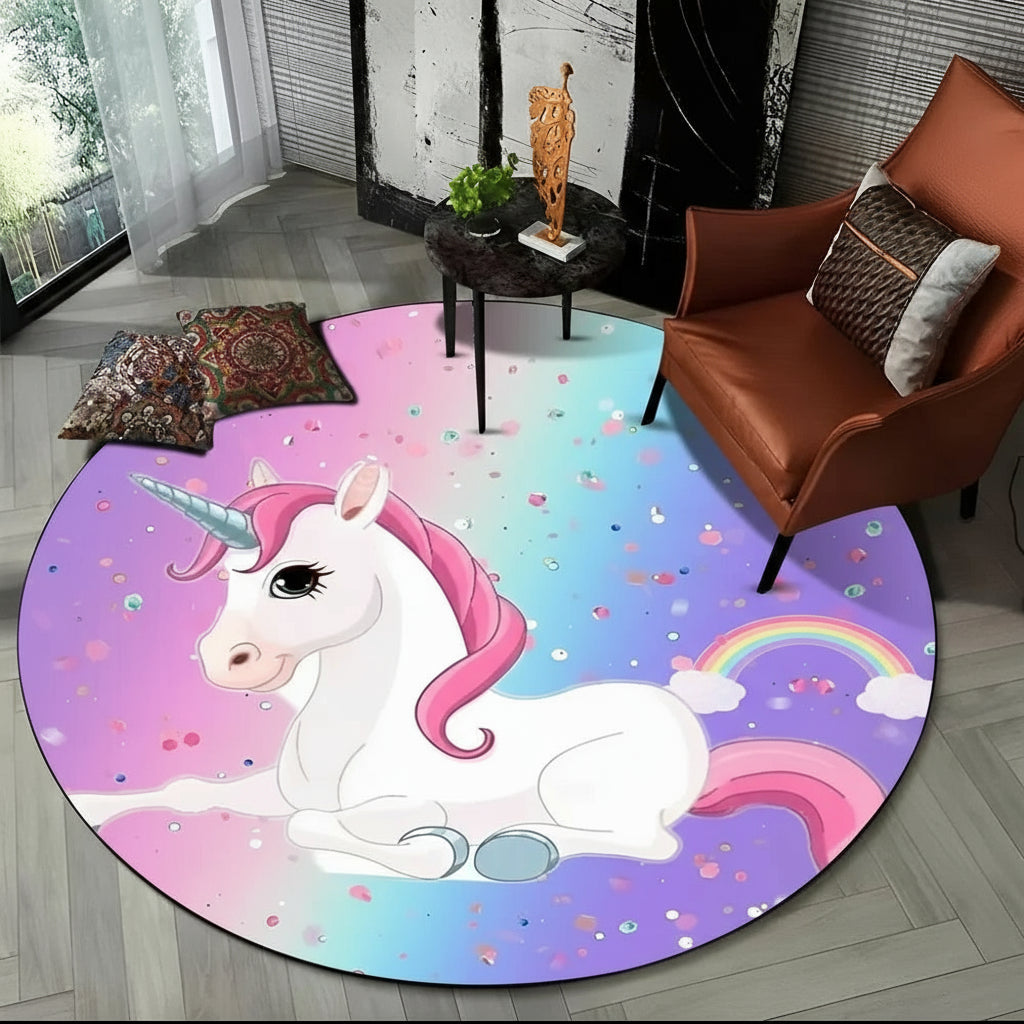 Children Unicorn, Animal 3D Cartoon Round Area Rug. Non-slip Floor Mat.