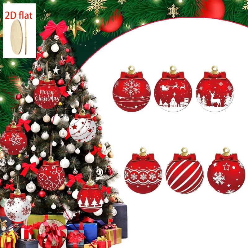 12PCS Red White, 2d,Flat,  Wooden Christmas Ball Ornaments.