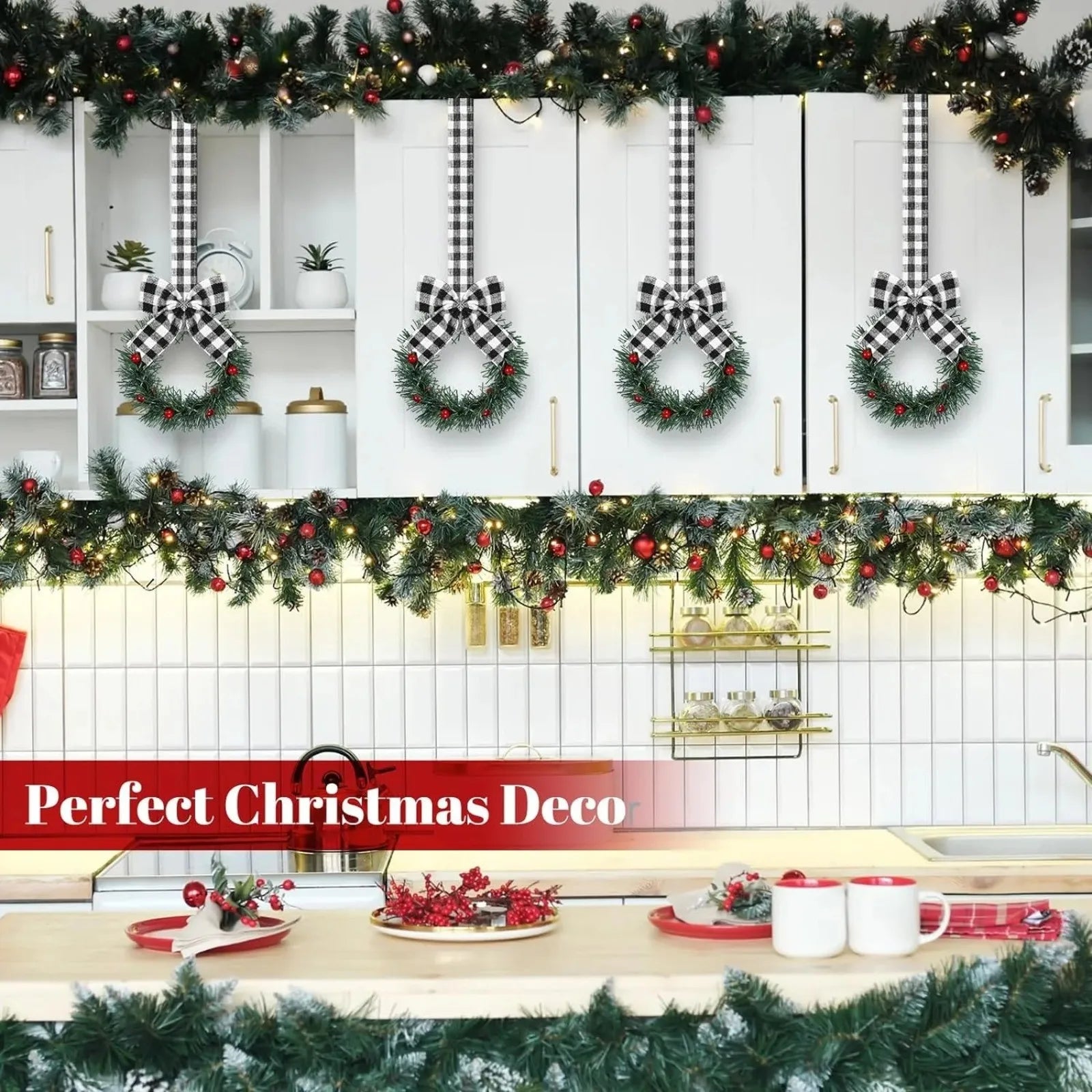 6PCS Christmas Home Wreaths With Plaid Bow Ribbon. Hanging Cabinet Doors Wreath.
